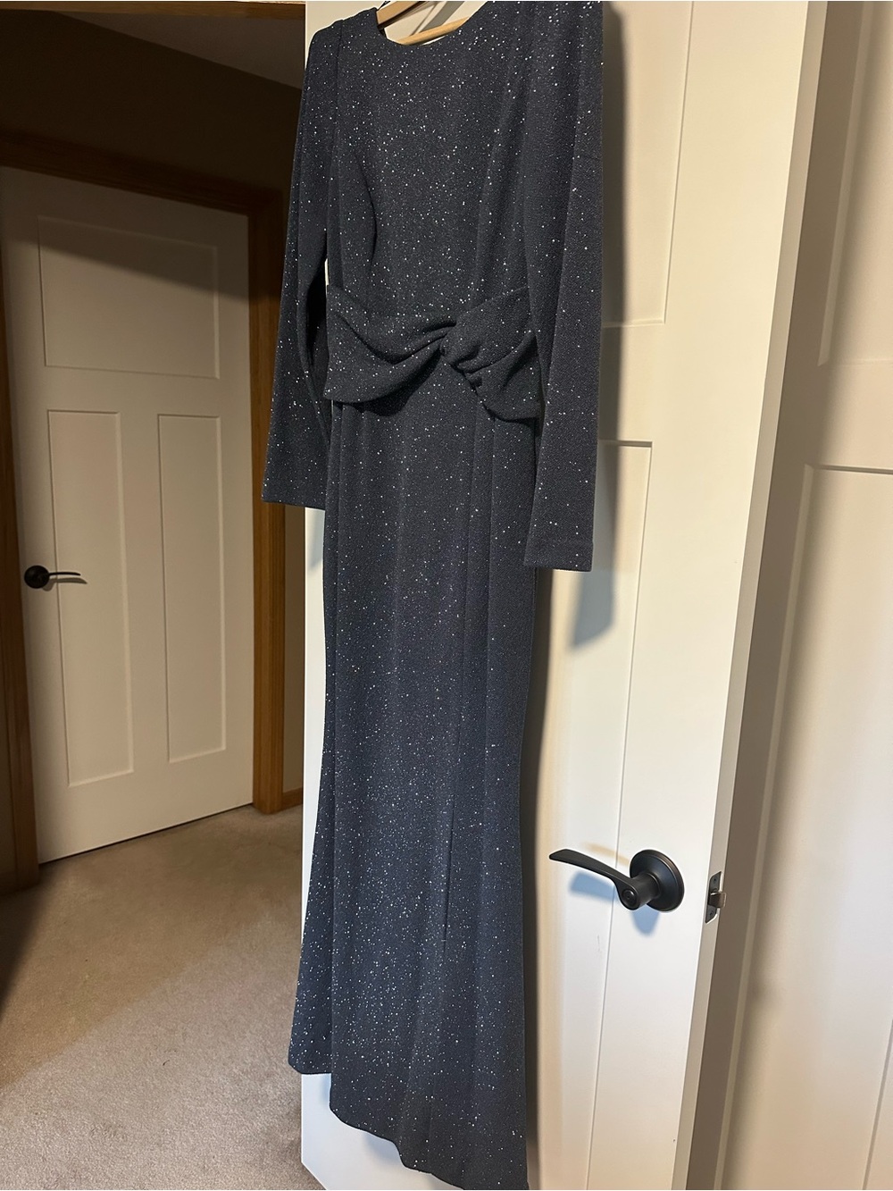 Elegant Long Sleeve Sparkle Evening Dress - Gunmetal with blus and silver glitte
